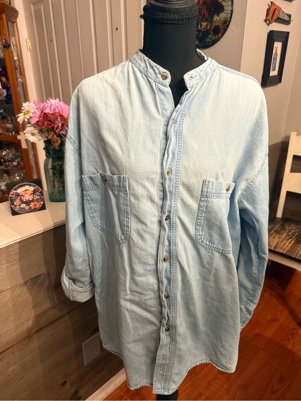 Vintage Cactus Light Blue Denim Button-Down Shirt